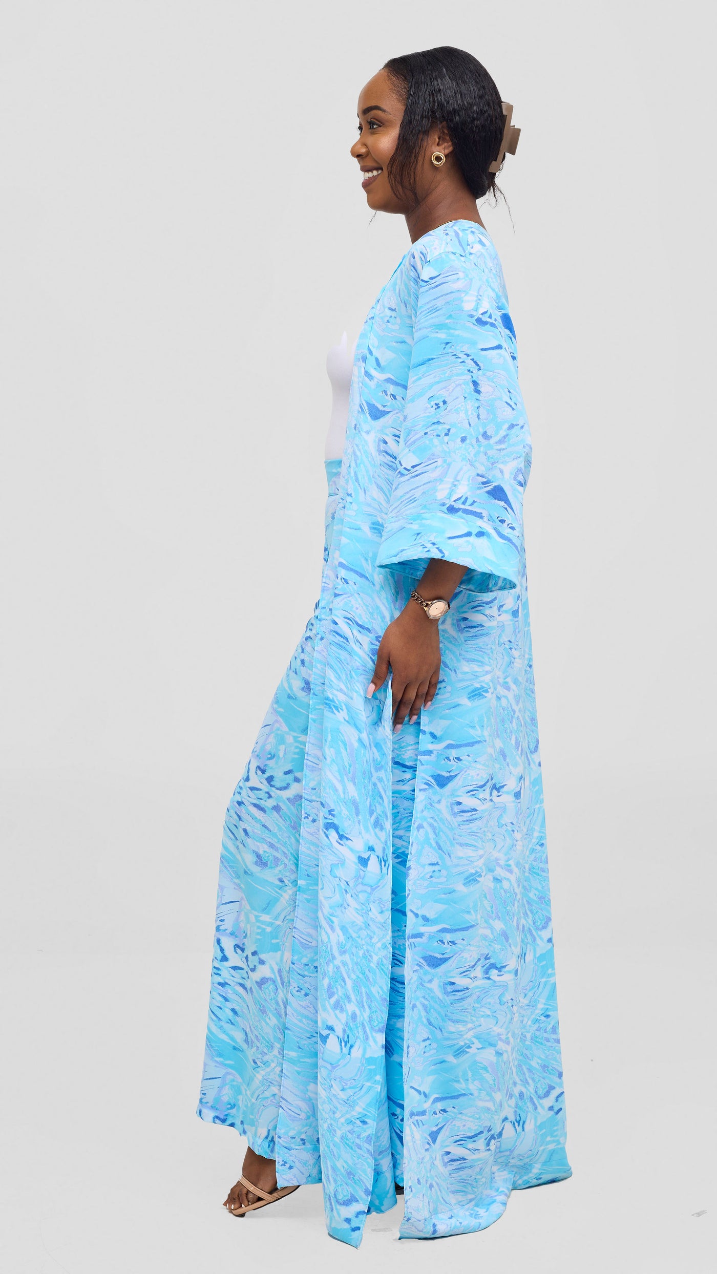 Vivo Alek High Slit Kimono - Light Blue / Turquoise Print