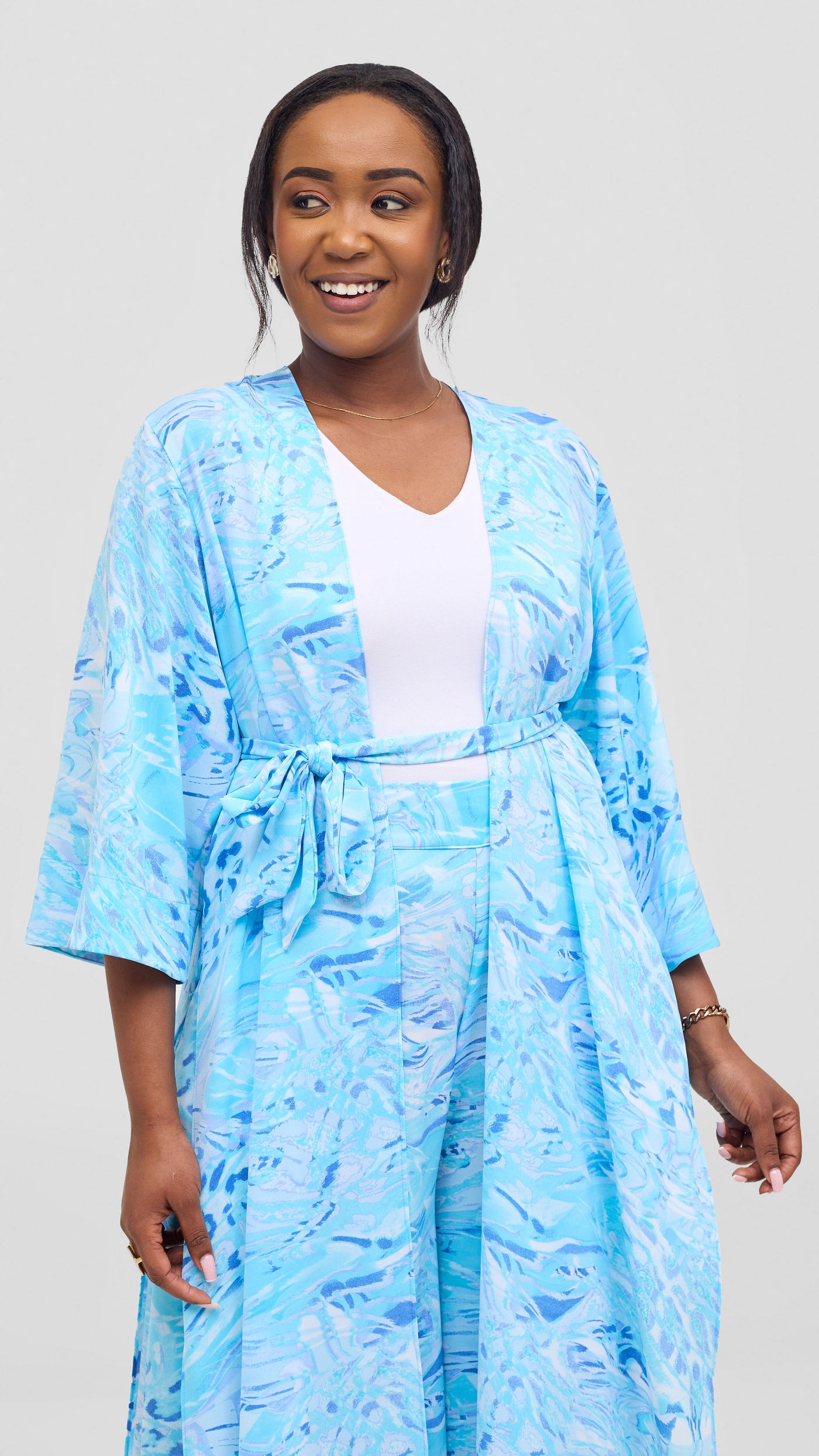 Vivo Alek High Slit Kimono - Light Blue / Turquoise Print