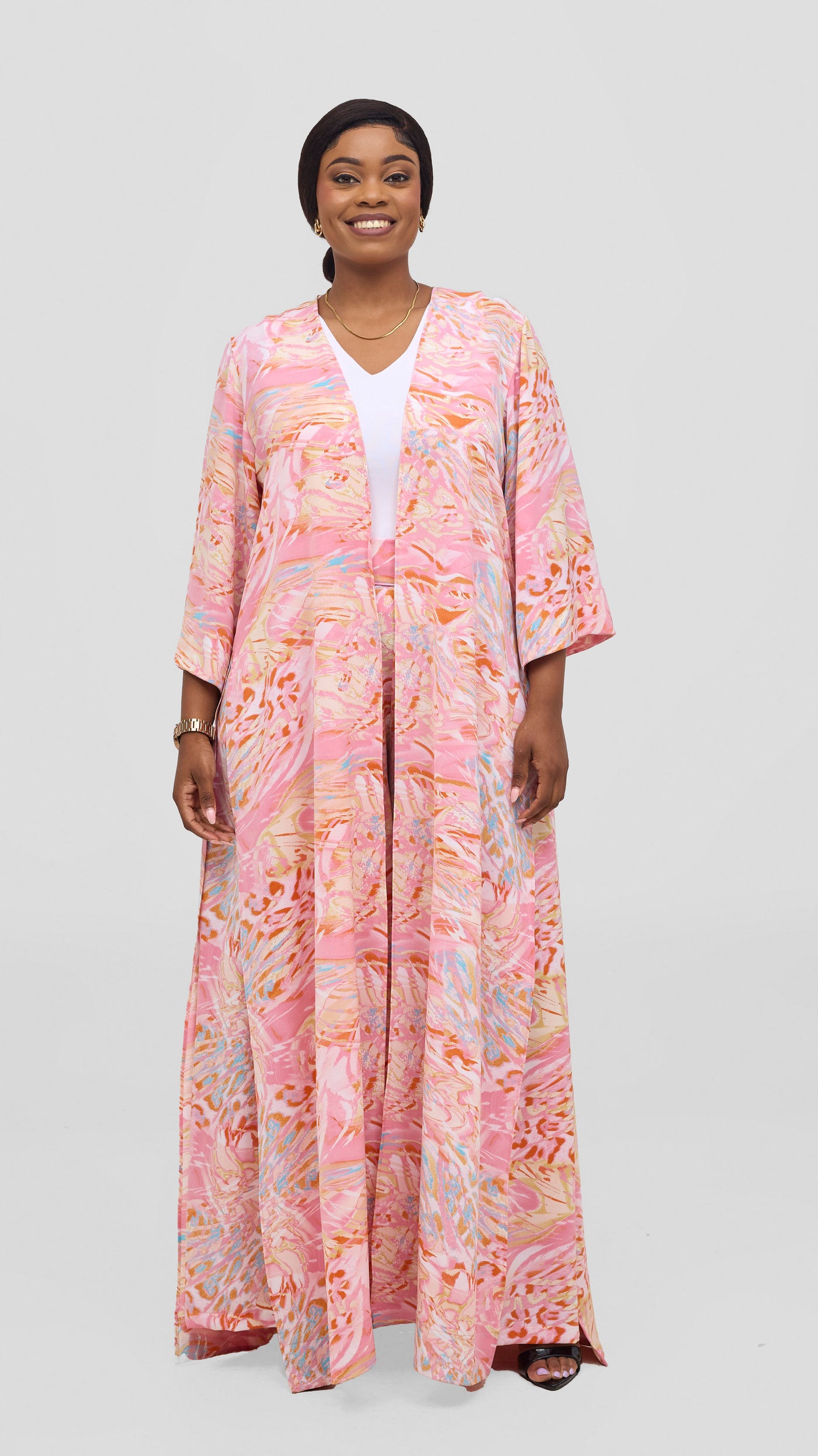 Vivo Alek High Slit Kimono  -Pink / Orange Print