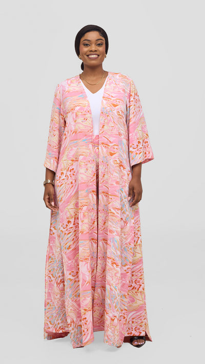 Vivo Alek High Slit Kimono  -Pink / Orange Print