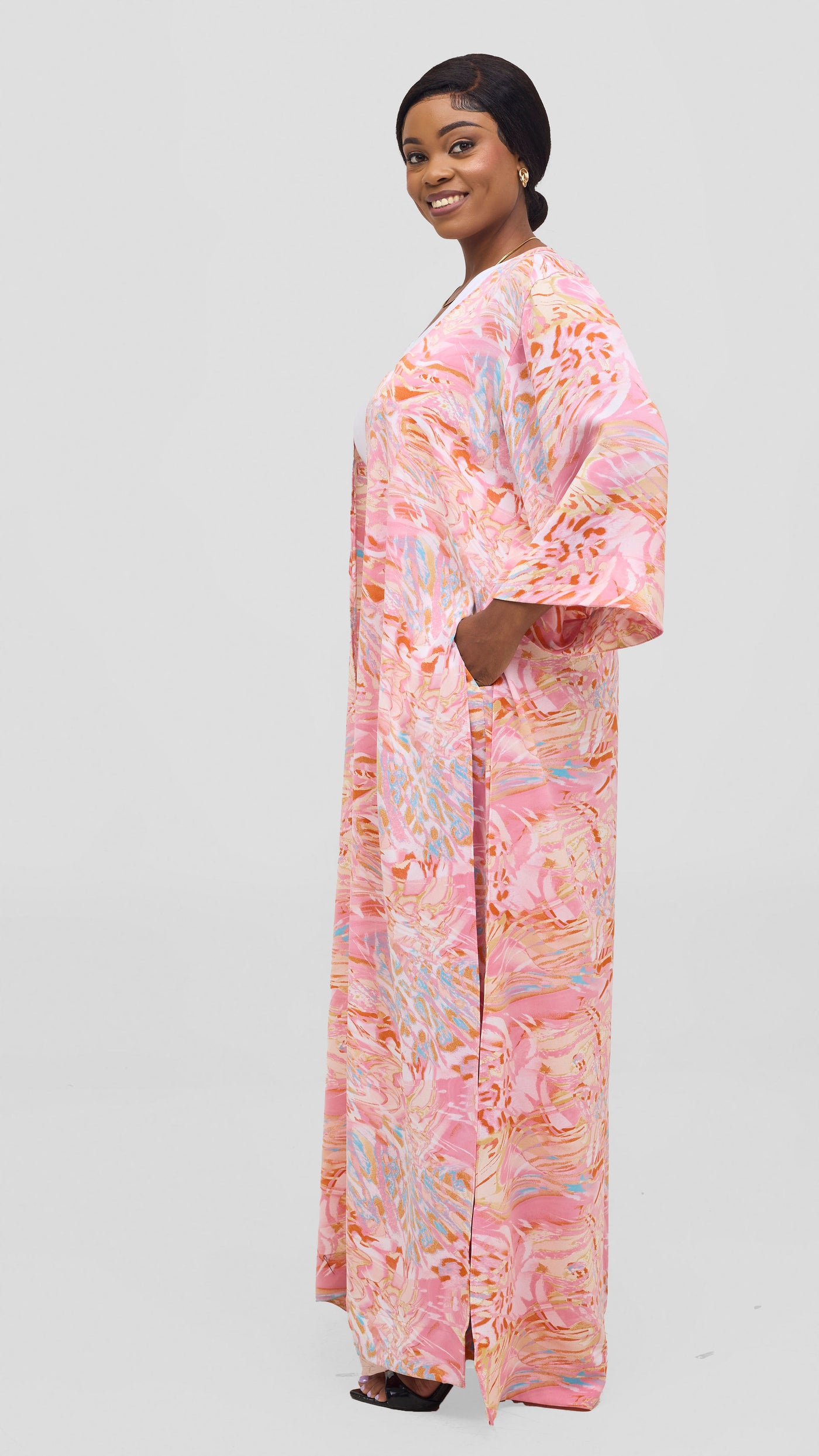 Vivo Alek High Slit Kimono  -Pink / Orange Print