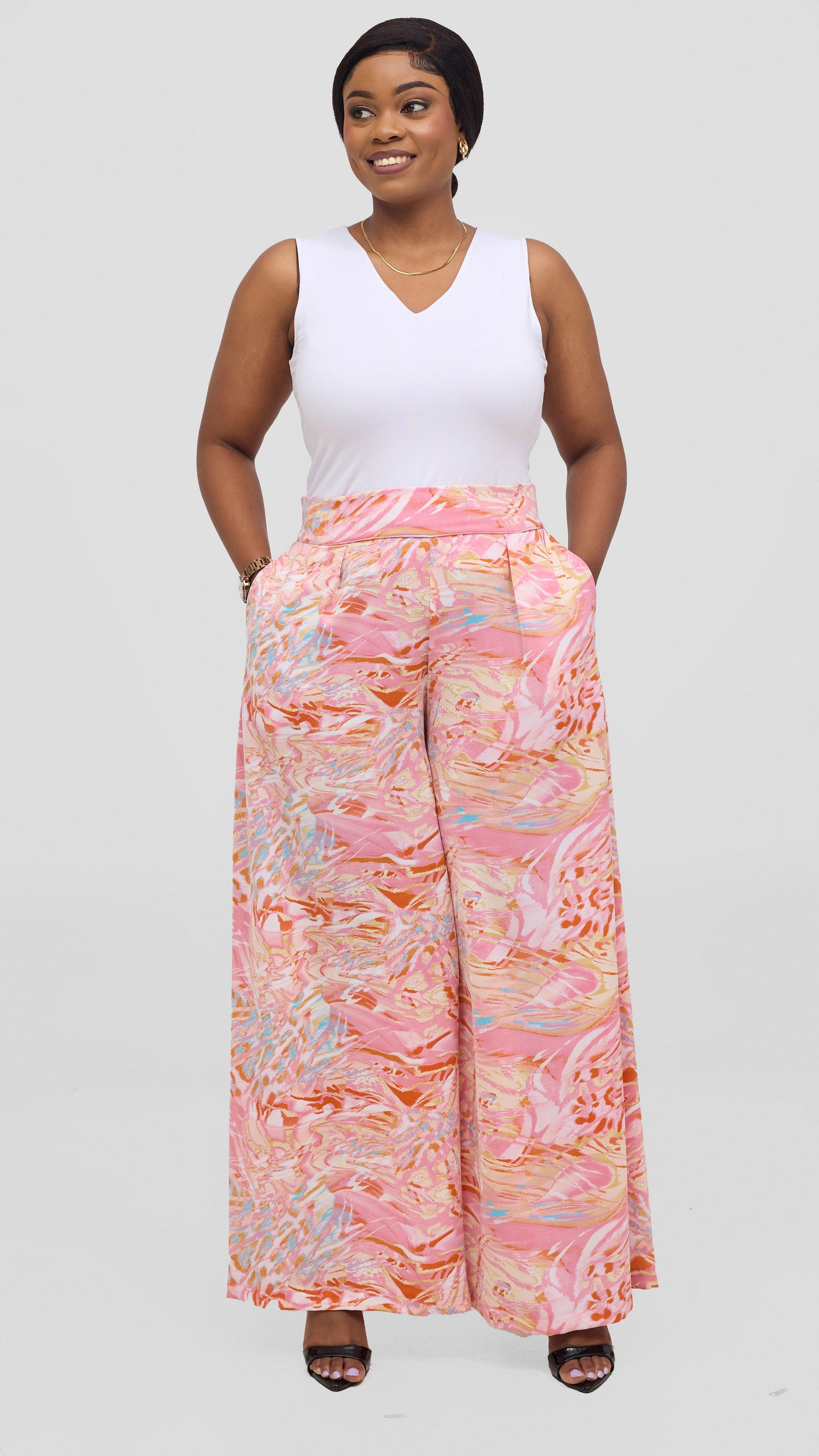 Vivo Basic Crepe Pants -Pink / Orange Print