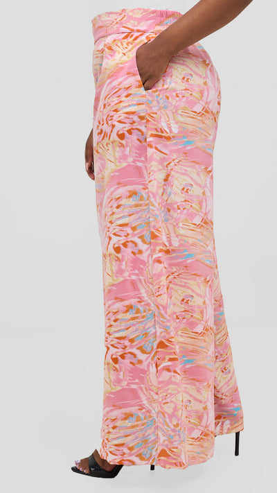 Vivo Basic Crepe Pants -Pink / Orange Print