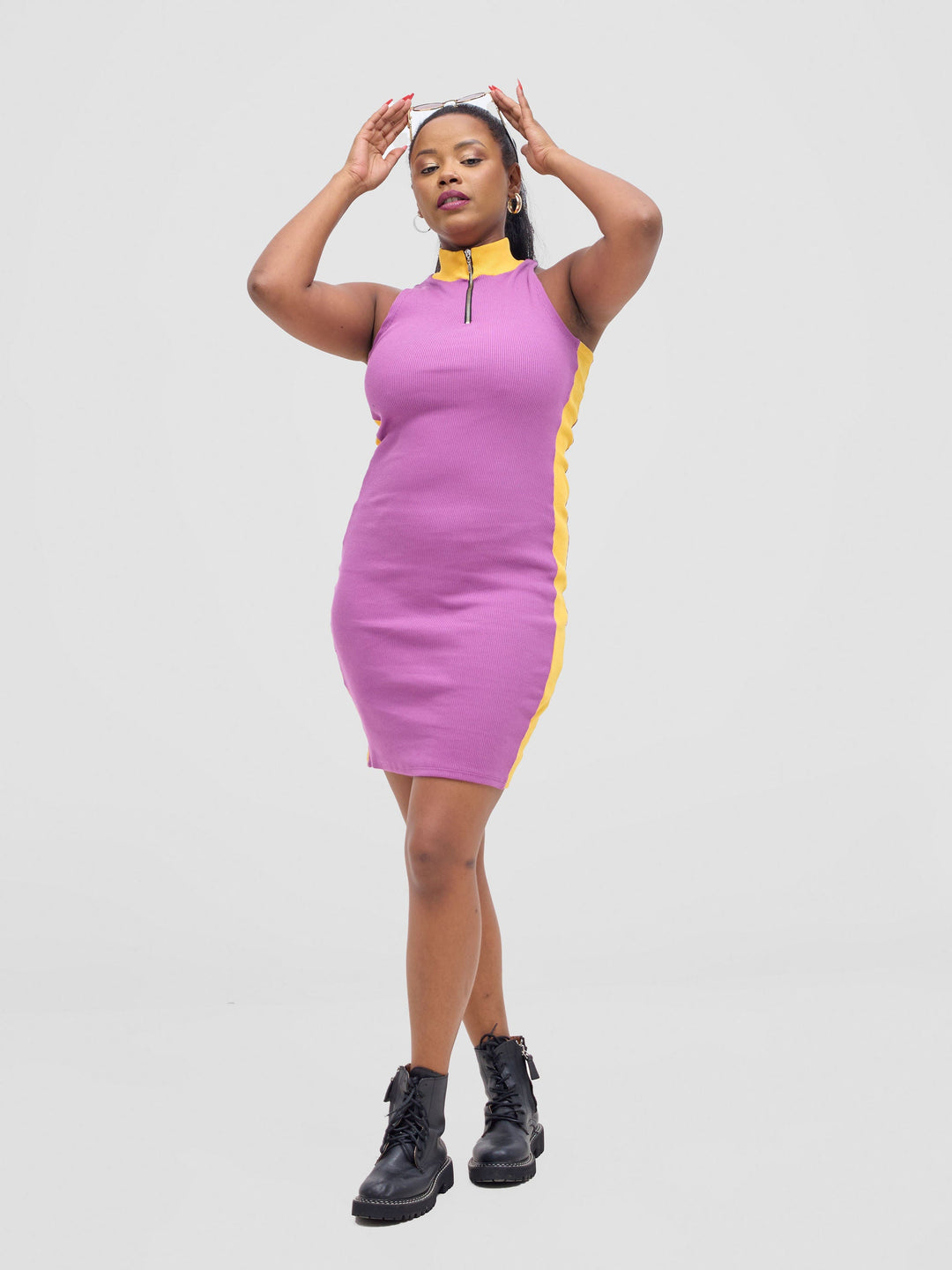 Zoya Vasha Sleeveless Turtleneck Mini Bodycon - Purple / Yellow