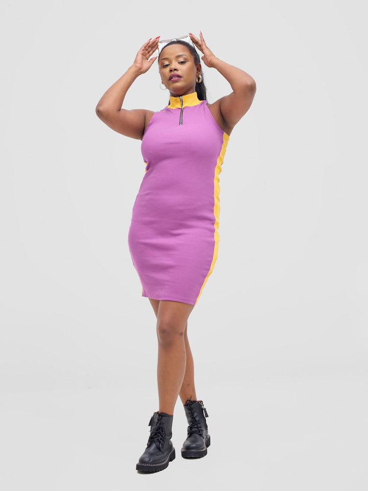 Zoya Vasha Sleeveless Turtleneck Mini Bodycon - Purple / Yellow