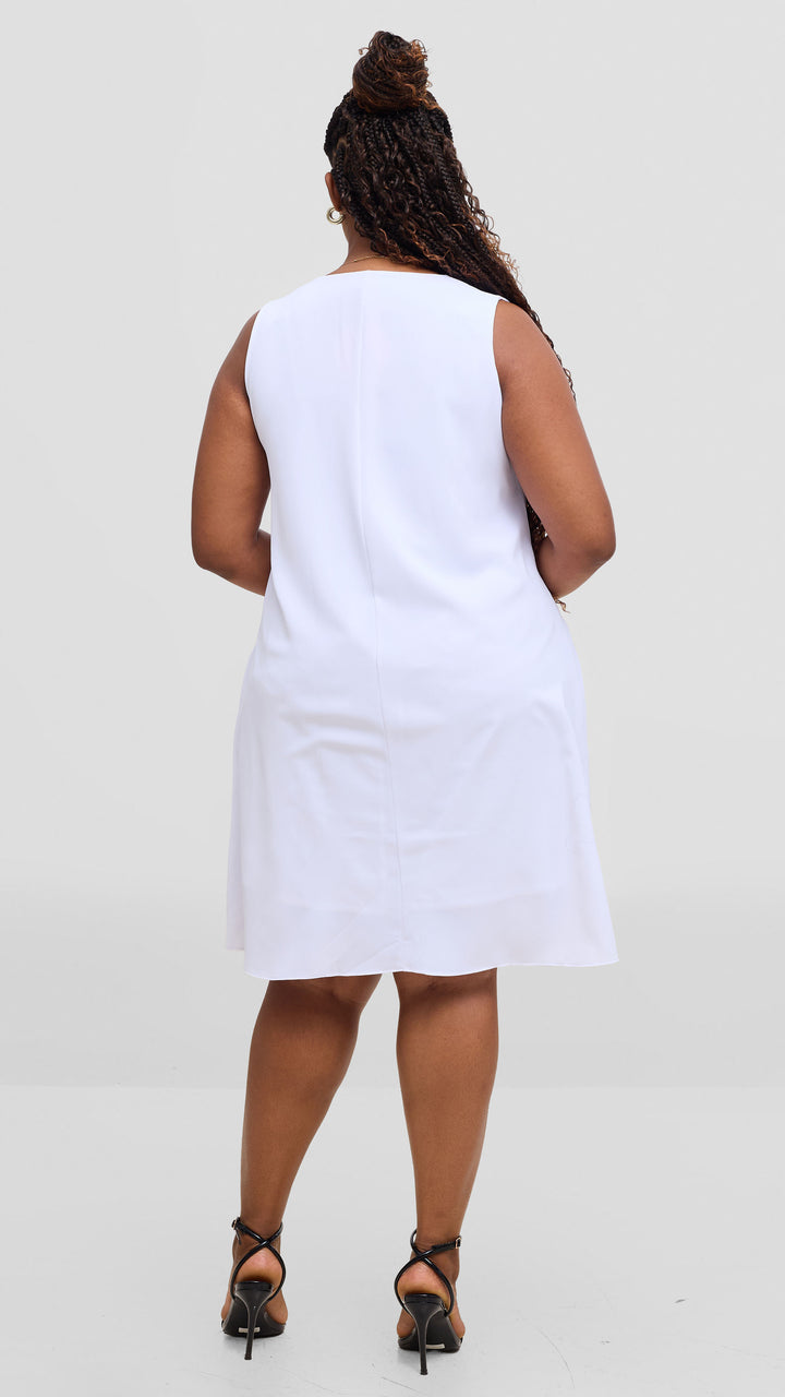 Vivo Ava Front Pleat Knee Length Dress In Crepe - White