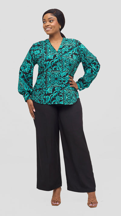 Vivo Ajani V-Neck Top - Sea Green / Black Print