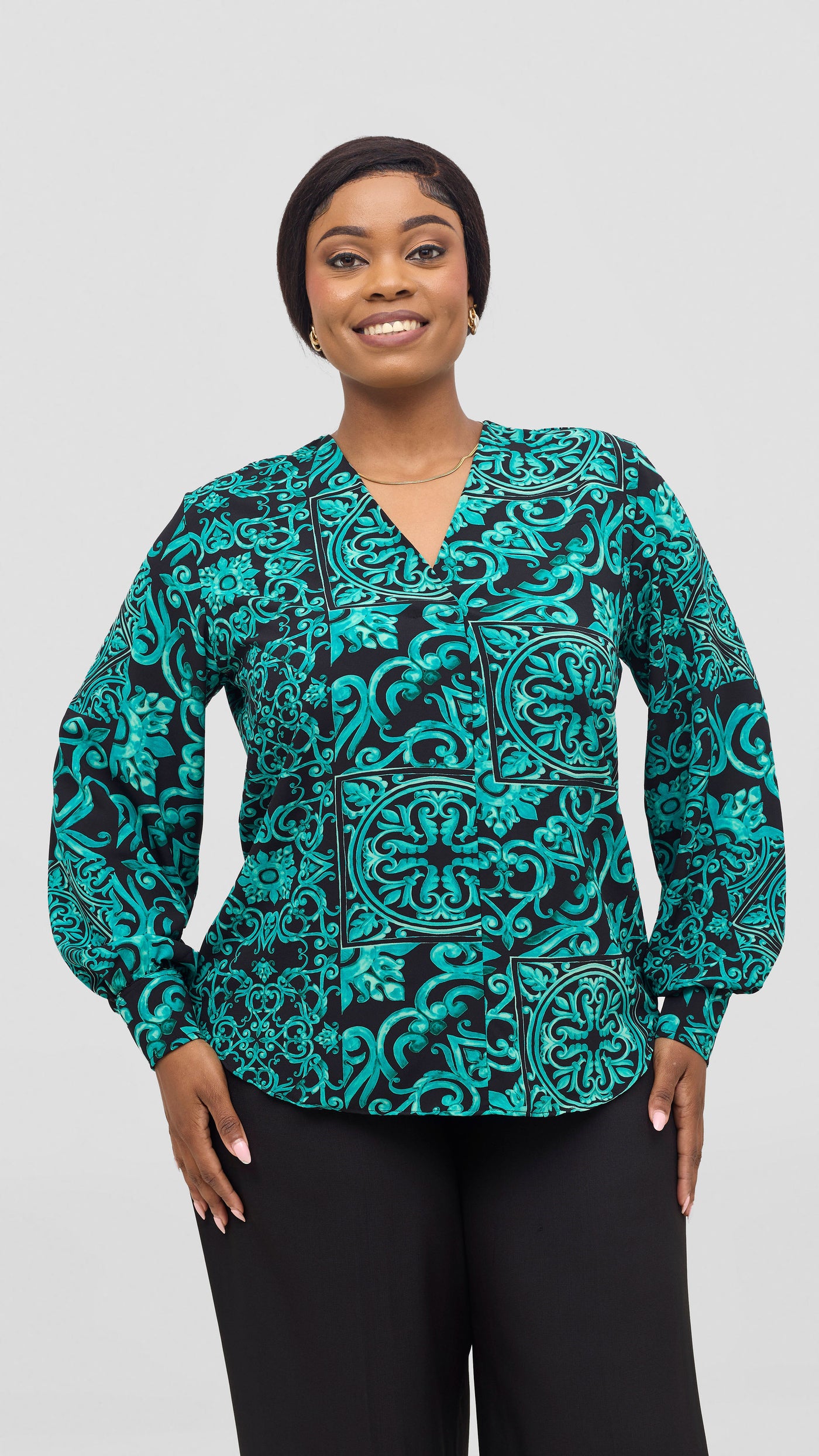 Vivo Ajani V-Neck Top - Sea Green / Black Print