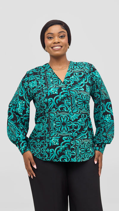 Vivo Ajani V-Neck Top - Sea Green / Black Print