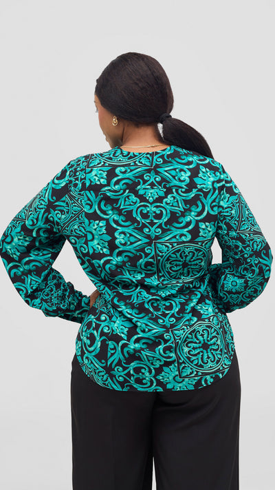Vivo Ajani V-Neck Top - Sea Green / Black Print