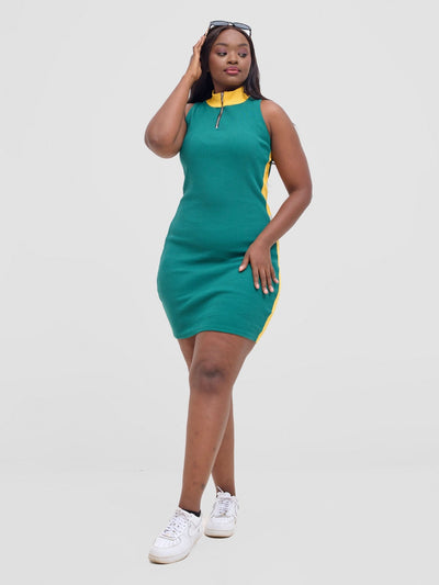 Zoya Vasha Sleeveless Turtleneck Mini Bodycon - Green / Yellow - Shopzetu