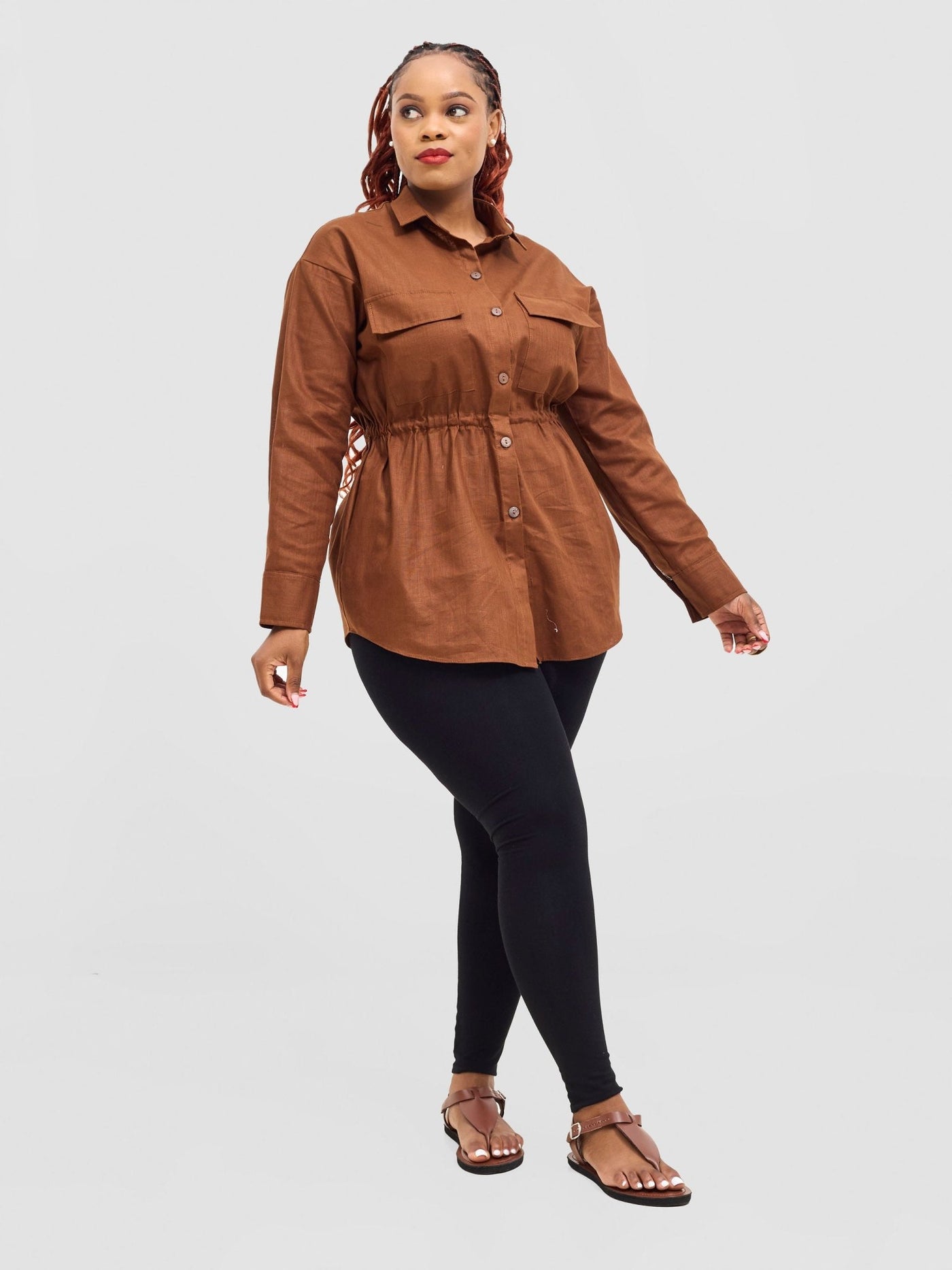 Safari Savannah Drawstring Shacket - Brown - Shopzetu