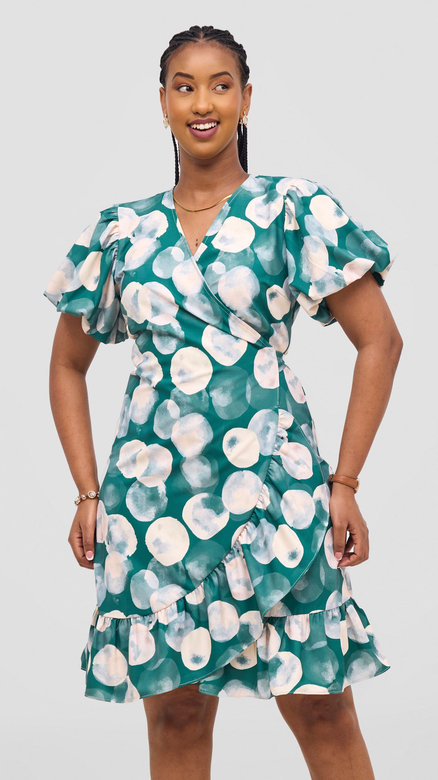 Vivo Hadiya Wrap Dress - Green / Grey Tal Print