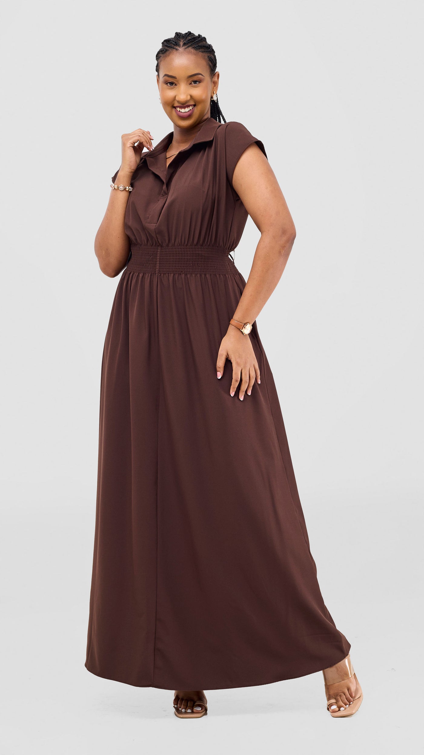 Vivo Zena Shirred Waist Maxi Shirt Dress - Chocolate