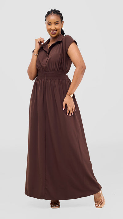 Vivo Zena Shirred Waist Maxi Shirt Dress - Chocolate
