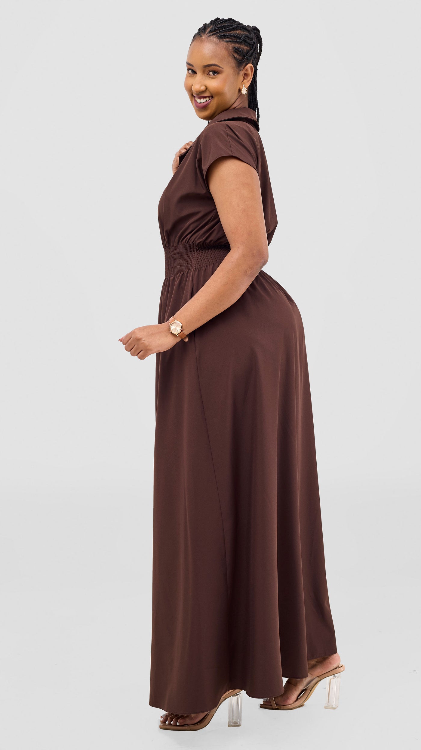 Vivo Zena Shirred Waist Maxi Shirt Dress - Chocolate