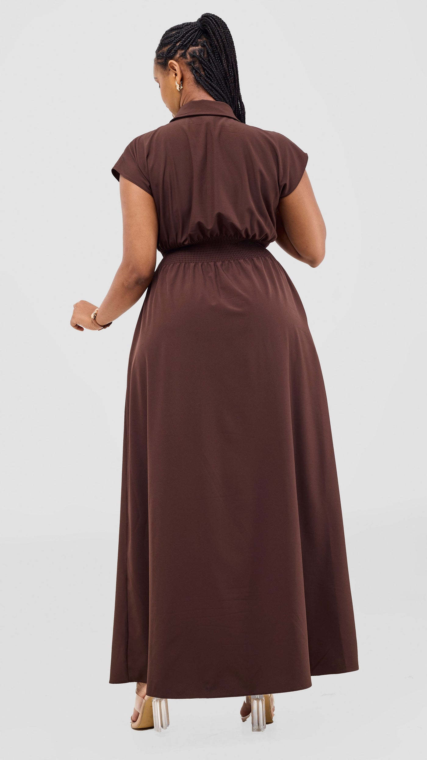 Vivo Zena Shirred Waist Maxi Shirt Dress - Chocolate
