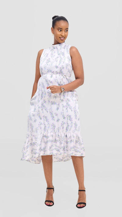Vivo Samira Midi Dress - Off White / Purple Print - Shopzetu