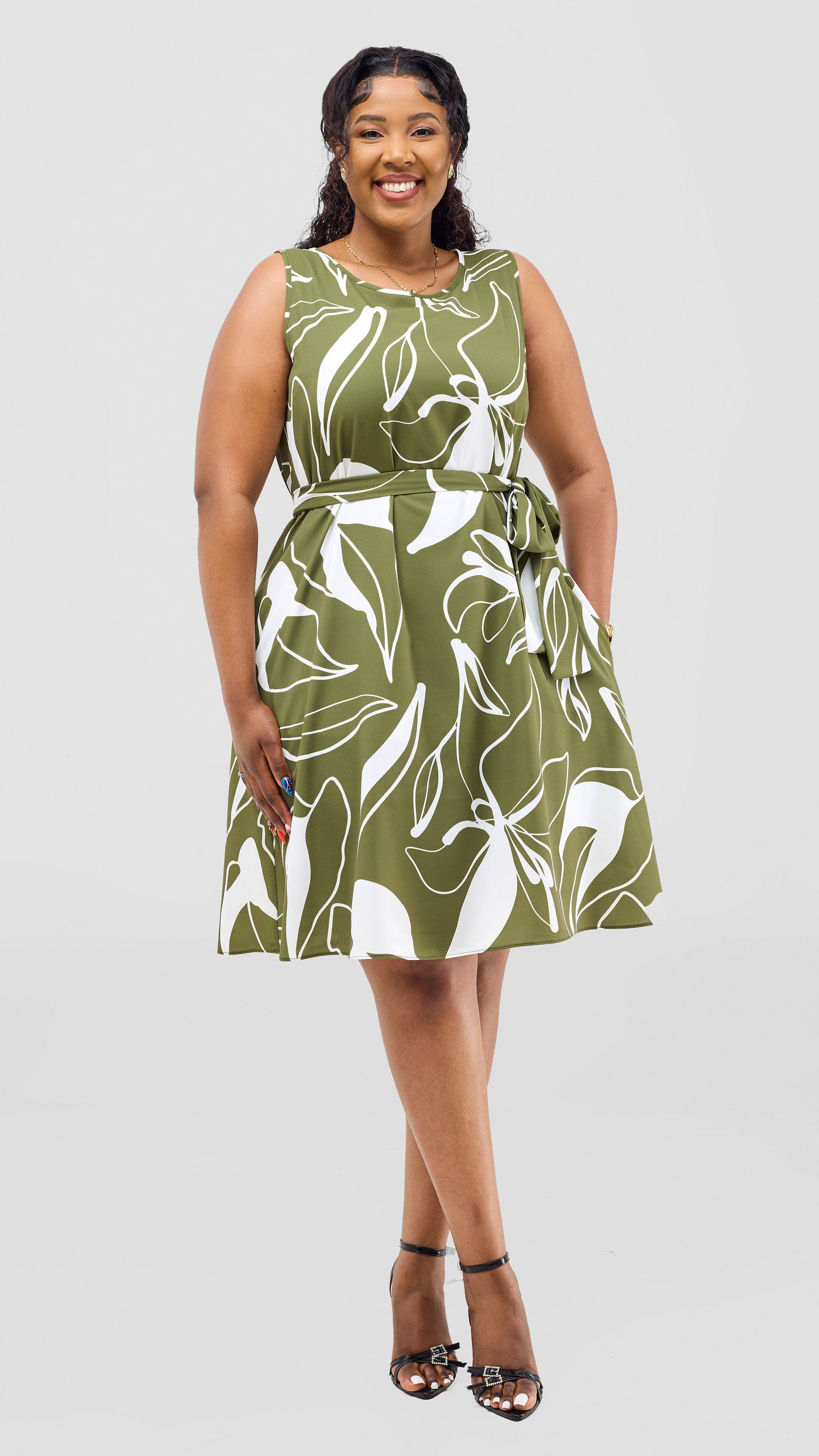 Vivo Basic Sleeveless Tent Dress - Olive / White Print