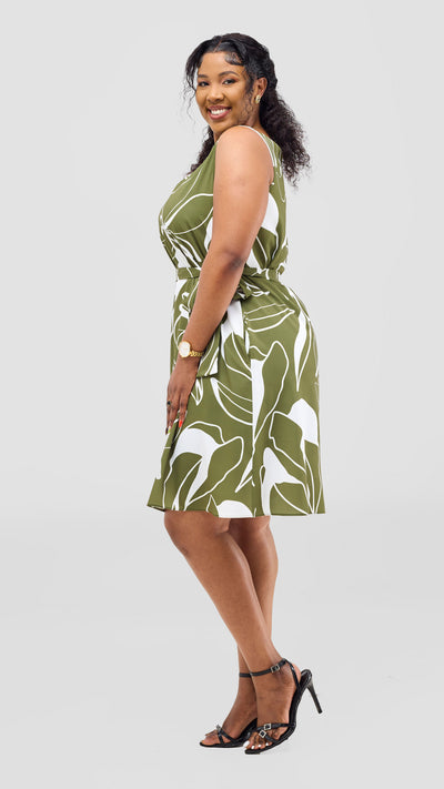 Vivo Basic Sleeveless Tent Dress - Olive / White Print