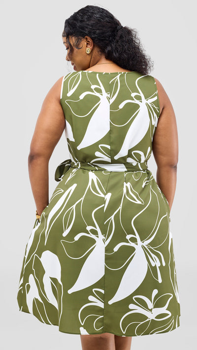Vivo Basic Sleeveless Tent Dress - Olive / White Print