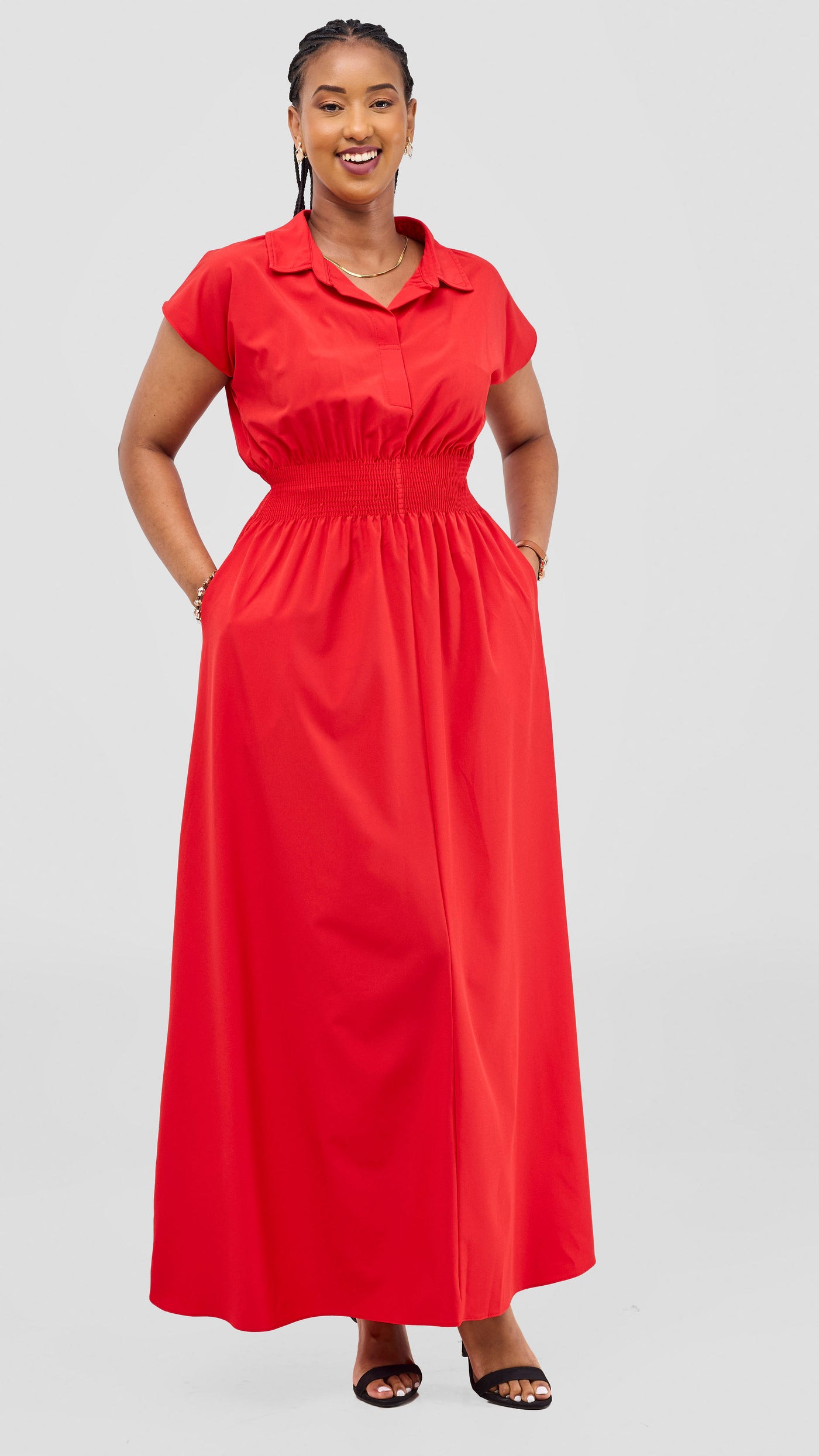 Vivo Zena Shirred Waist Maxi Shirt Dress - Red