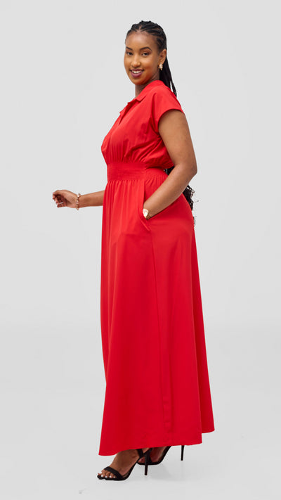Vivo Zena Shirred Waist Maxi Shirt Dress - Red