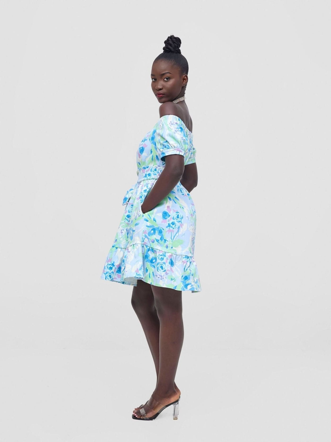 Zoya Nia Off Shoulder Knee Length Dress - Blue / Lime Green Floral Print - Shopzetu