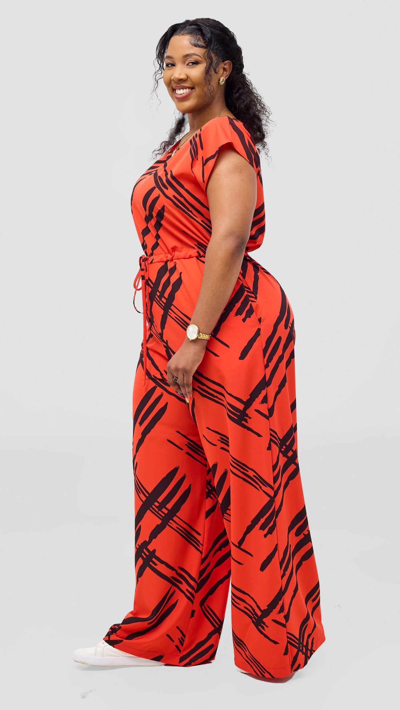 Vivo Sakari Drop Shoulder Jumpsuit - Orange / Black Lisi Print