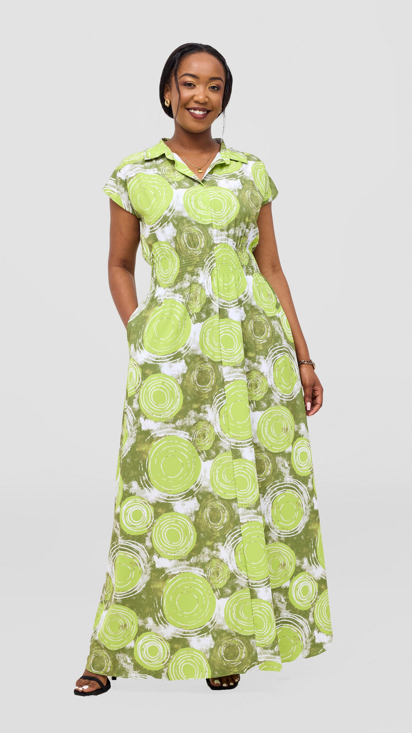Vivo Zena Shirred Waist Maxi Shirt Dress - Hunters / Lime Ebu Print
