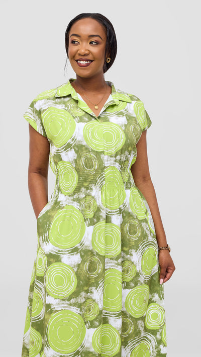 Vivo Zena Shirred Waist Maxi Shirt Dress - Hunters / Lime Ebu Print