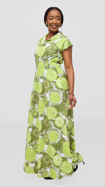 Vivo Zena Shirred Waist Maxi Shirt Dress - Hunters / Lime Ebu Print