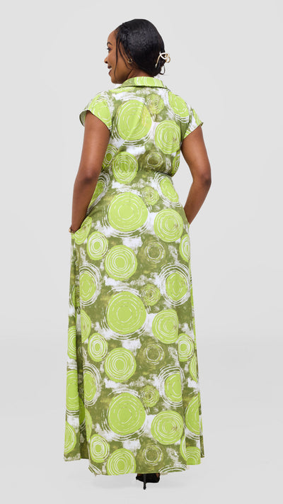 Vivo Zena Shirred Waist Maxi Shirt Dress - Hunters / Lime Ebu Print