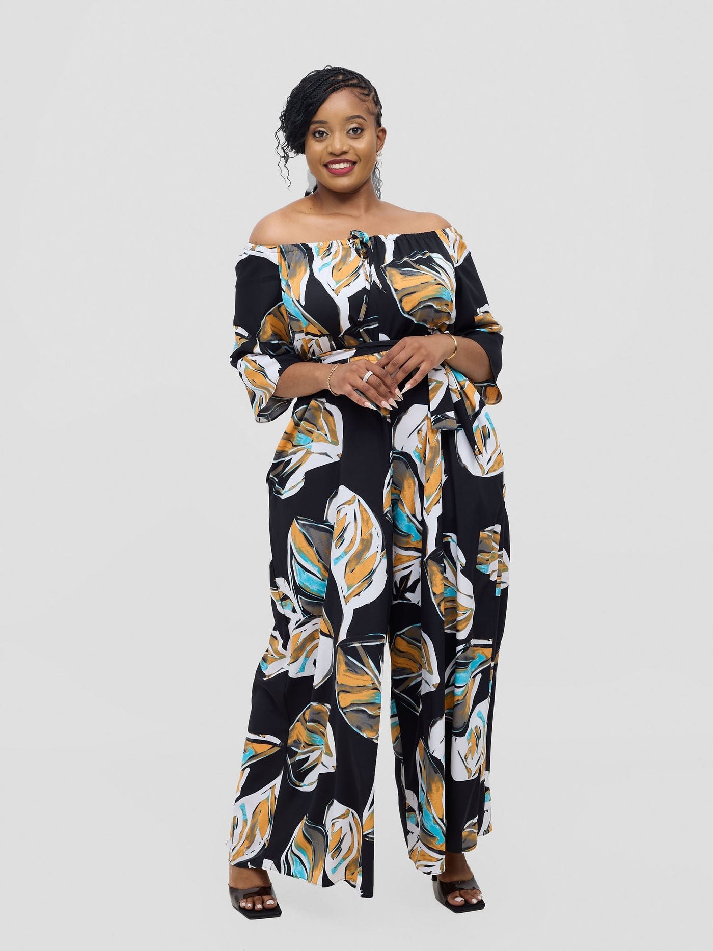 Vivo Zahari 3/4 Sleeve Off - Shoulder Jumpsuit - Black Ari Print - Shopzetu