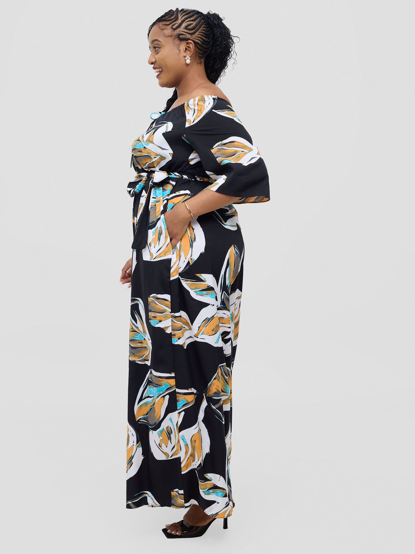 Vivo Zahari 3/4 Sleeve Off - Shoulder Jumpsuit - Black Ari Print - Shopzetu