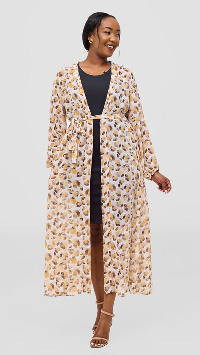 Vivo Basic Hooded Kimono - White / Brown Print