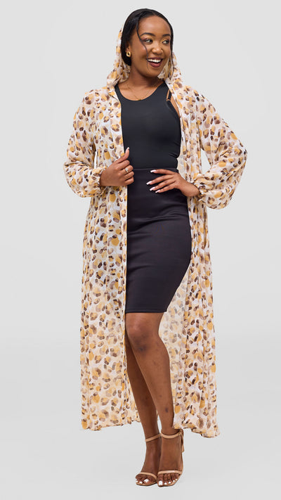 Vivo Basic Hooded Kimono - White / Brown Print