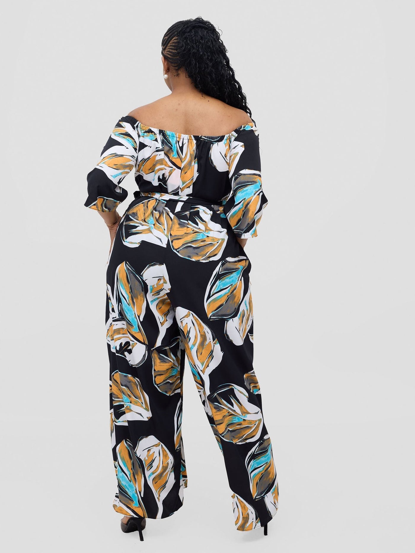 Vivo Zahari 3/4 Sleeve Off - Shoulder Jumpsuit - Black Ari Print - Shopzetu