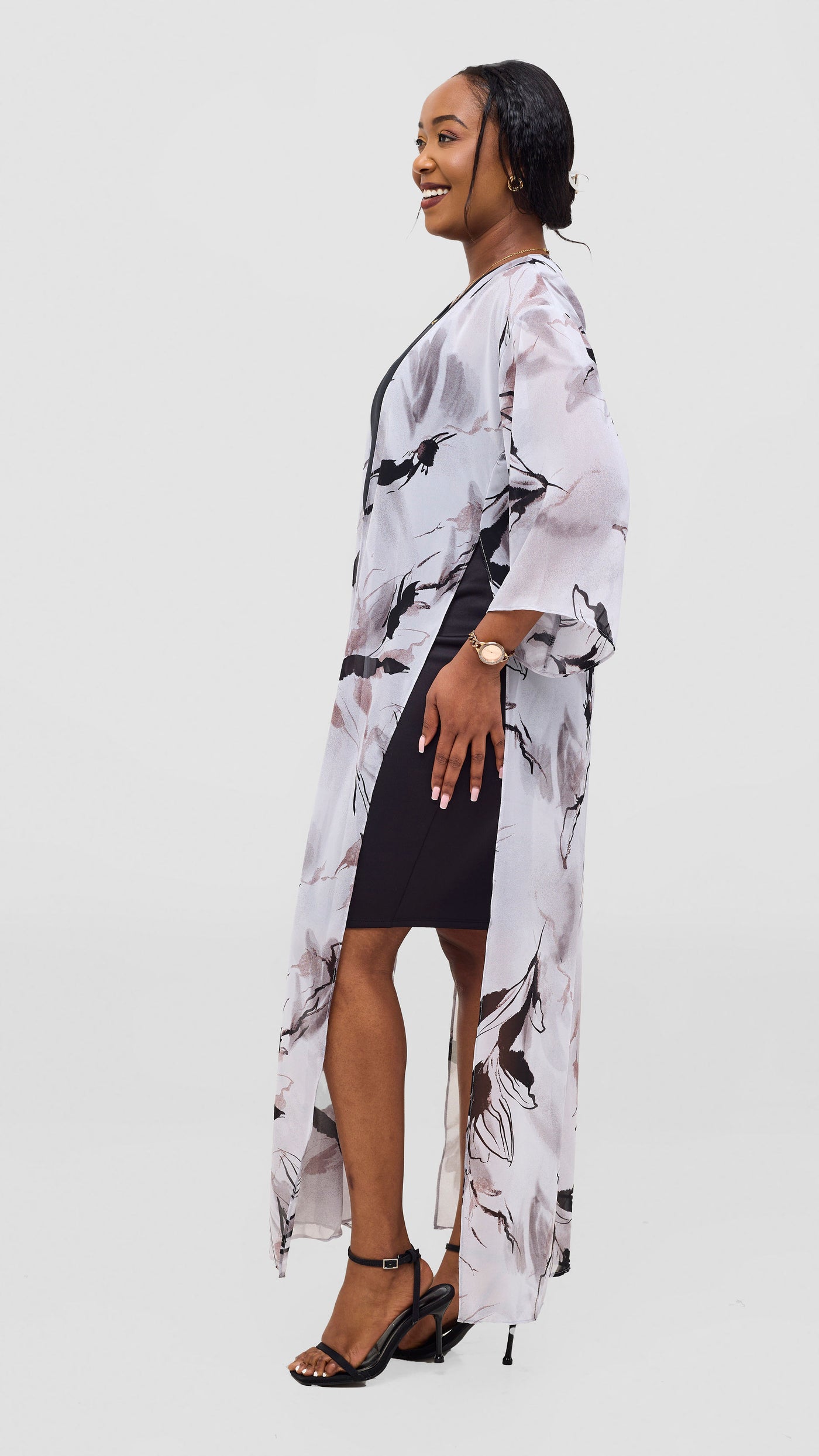 Vivo Nandi High Slit Kimono - Light Grey / Black Print