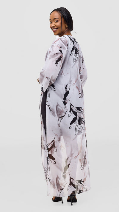 Vivo Nandi High Slit Kimono - Light Grey / Black Print