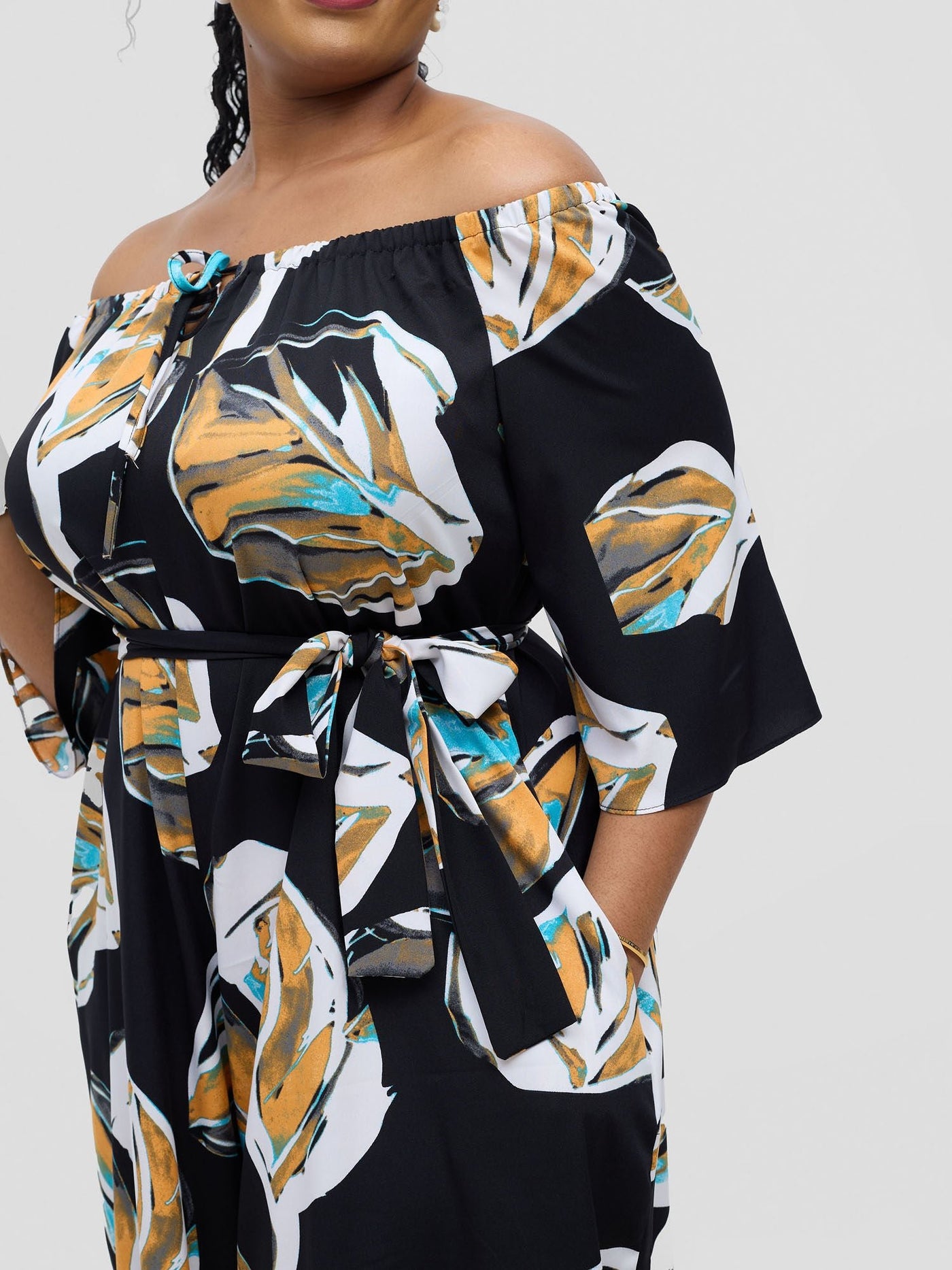 Vivo Zahari 3/4 Sleeve Off - Shoulder Jumpsuit - Black Ari Print - Shopzetu
