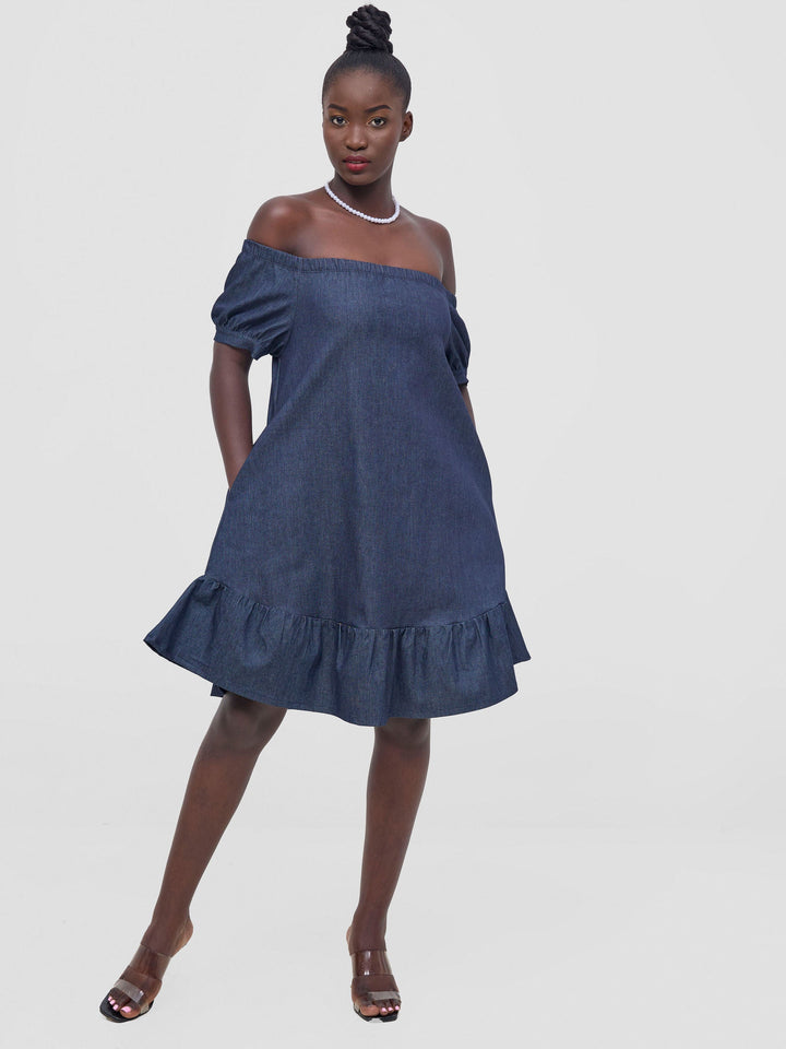 Zoya Nia Off Shoulder Knee Length Dress - Navy Blue