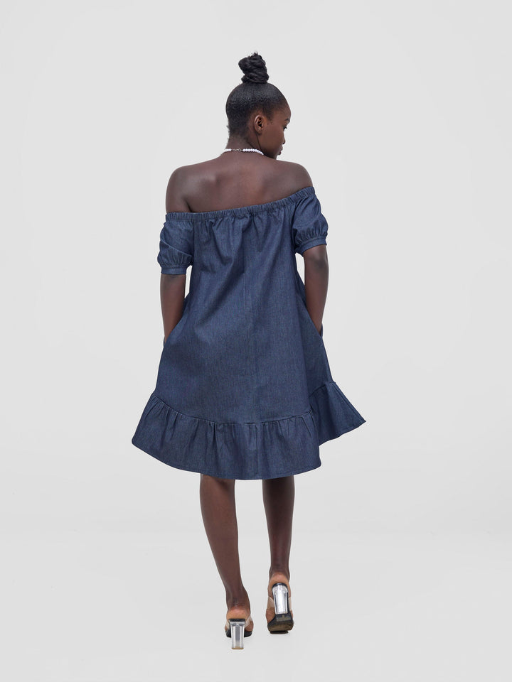Zoya Nia Off Shoulder Knee Length Dress - Navy Blue