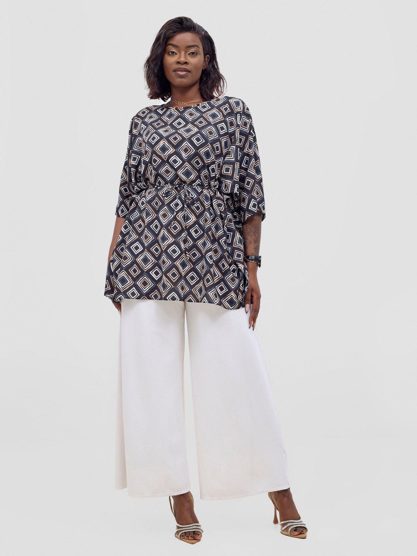 Vivo Basic Chiffon Tie Kaftan Top - Black / Taupe Api Print - Shopzetu