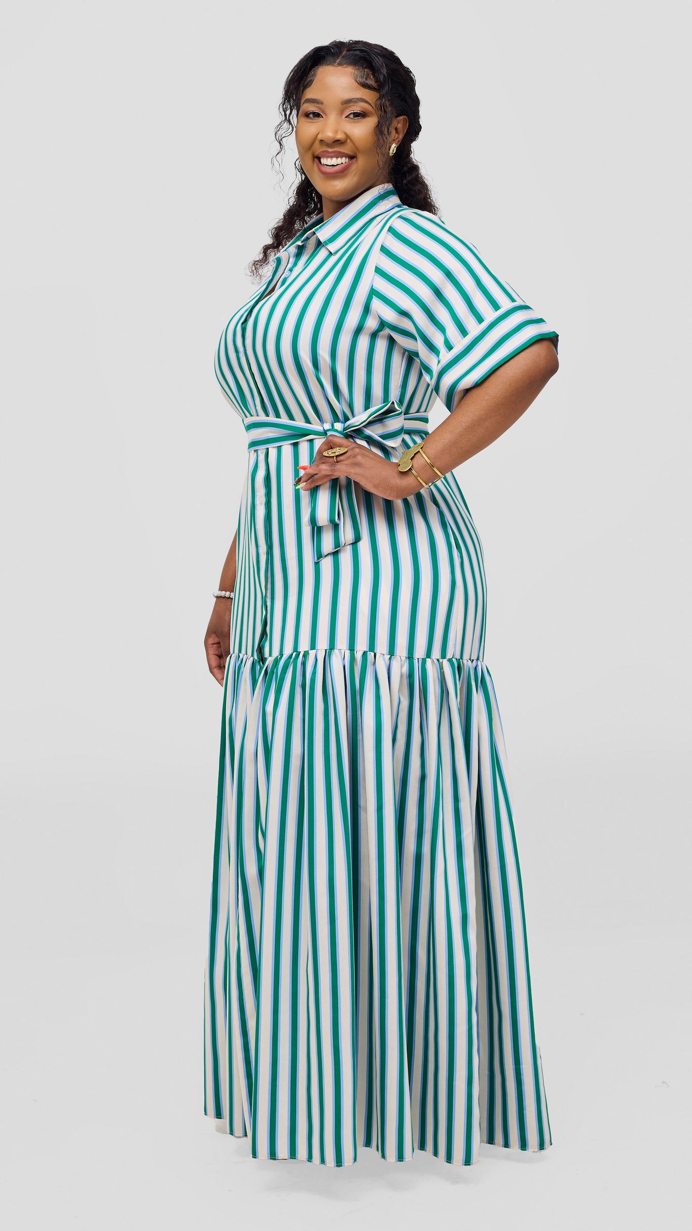 Safari Nazari Maxi Shirt Dress - Green / Cream Stripes