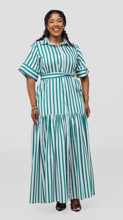 Safari Nazari Maxi Shirt Dress - Green / Cream Stripes