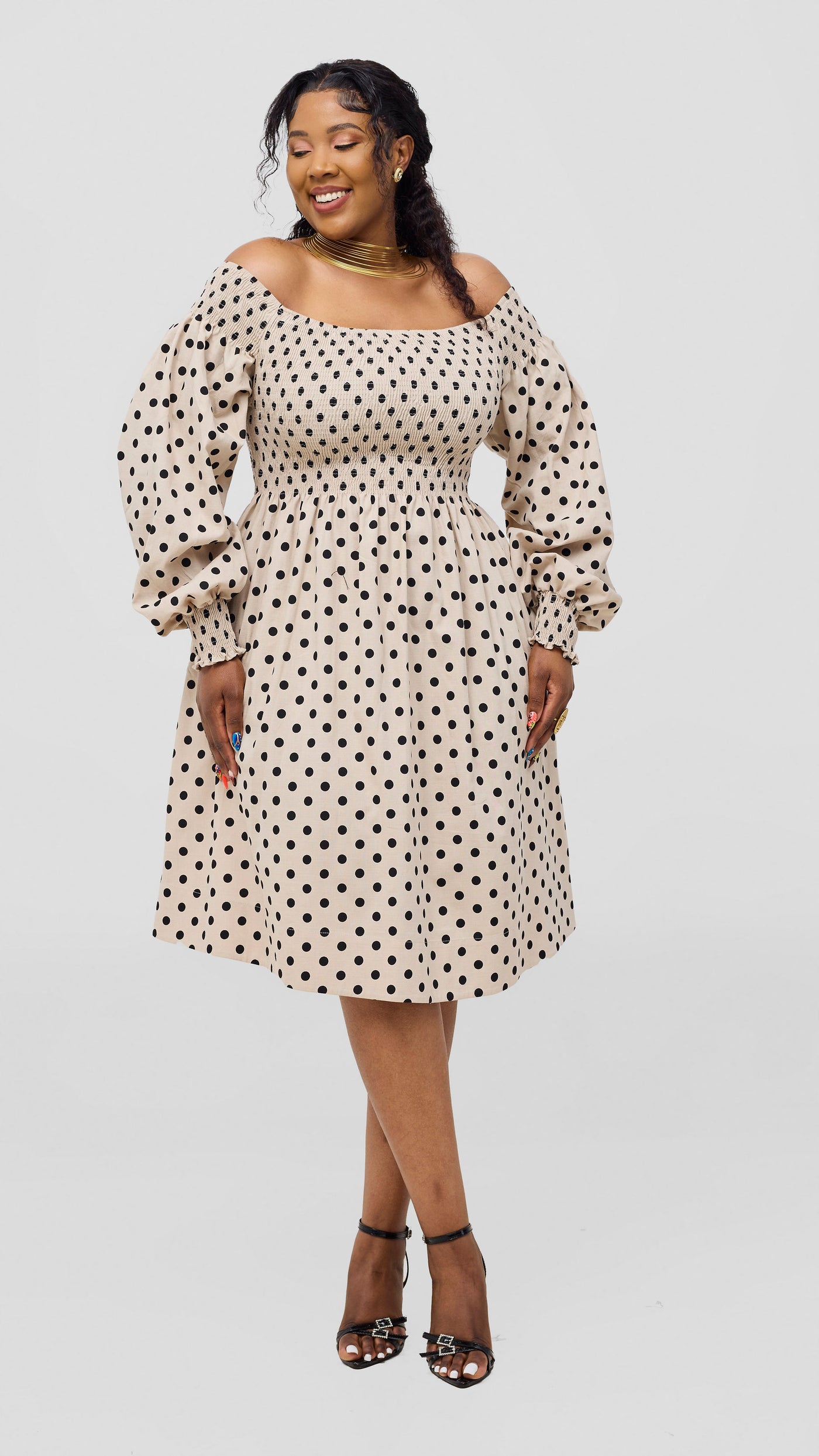 Safari Nazari Off Shoulder Dress - Beige / Black Polka Print