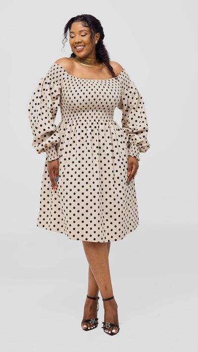 Safari Nazari Off Shoulder Dress - Beige / Black Polka Print