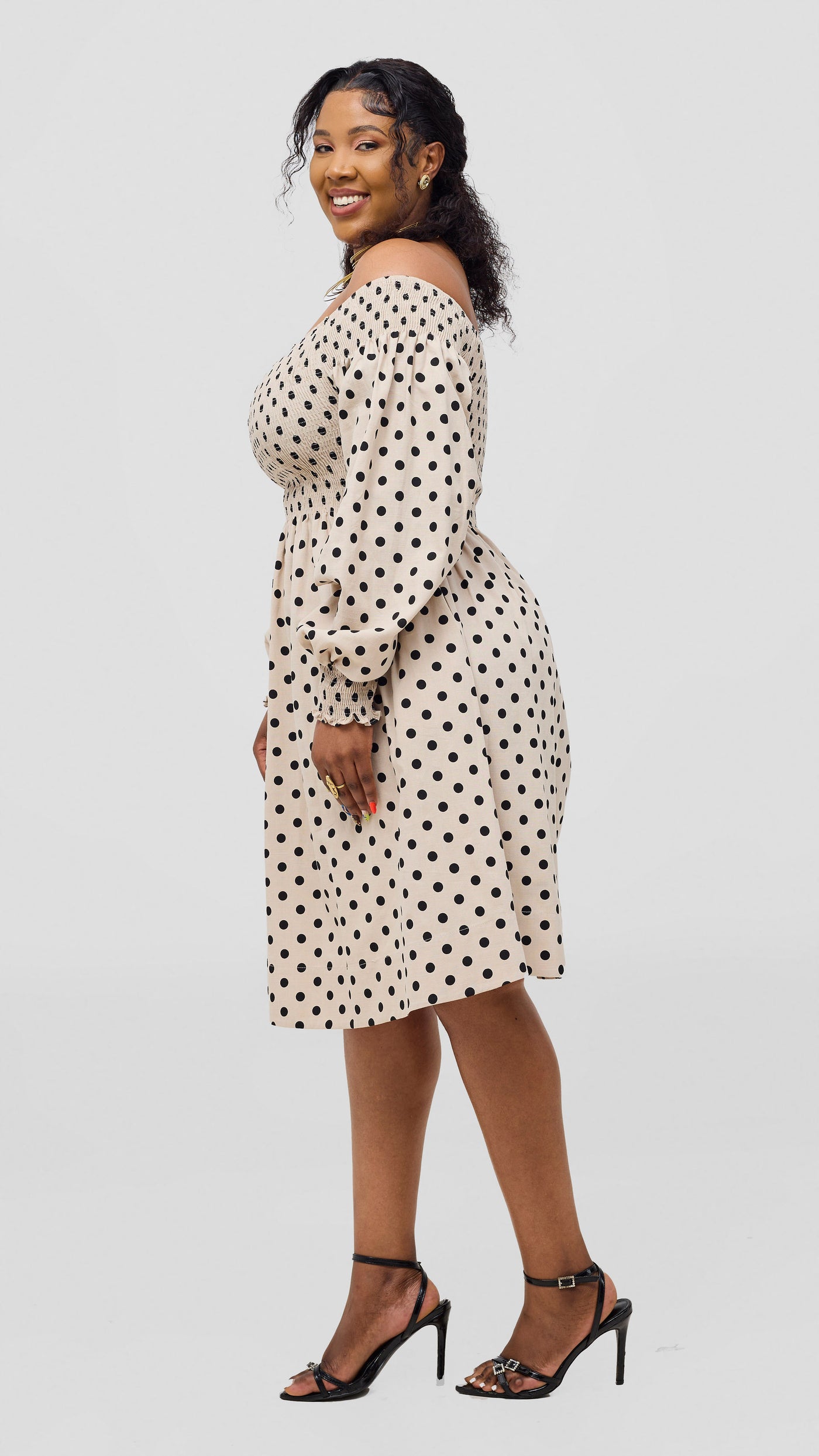 Safari Nazari Off Shoulder Dress - Beige / Black Polka Print