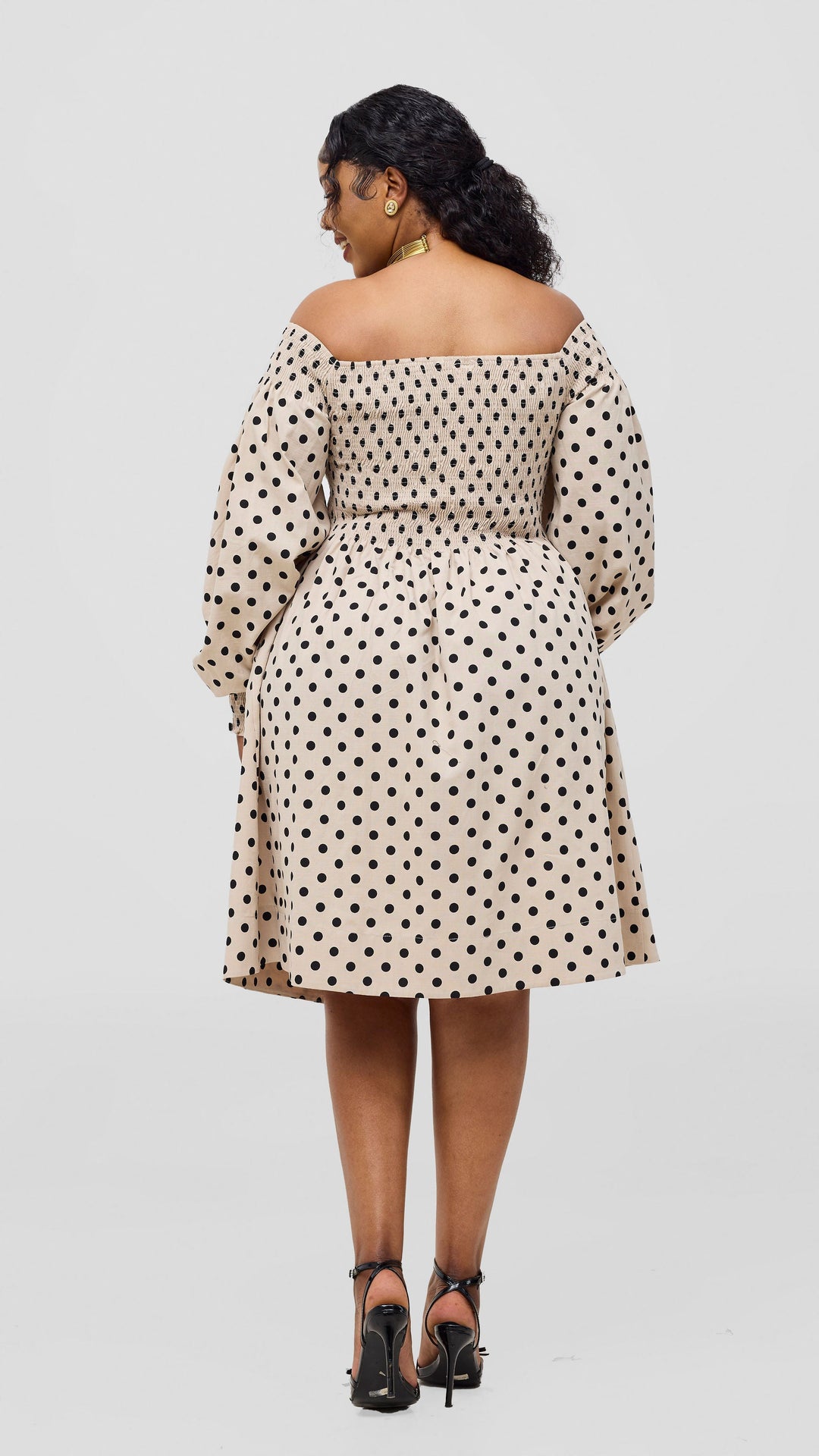 Safari Nazari Off Shoulder Dress - Beige / Black Polka Print